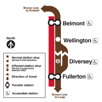 Map shows Kimball-bound Brown Line trains bypassing Diversey Station