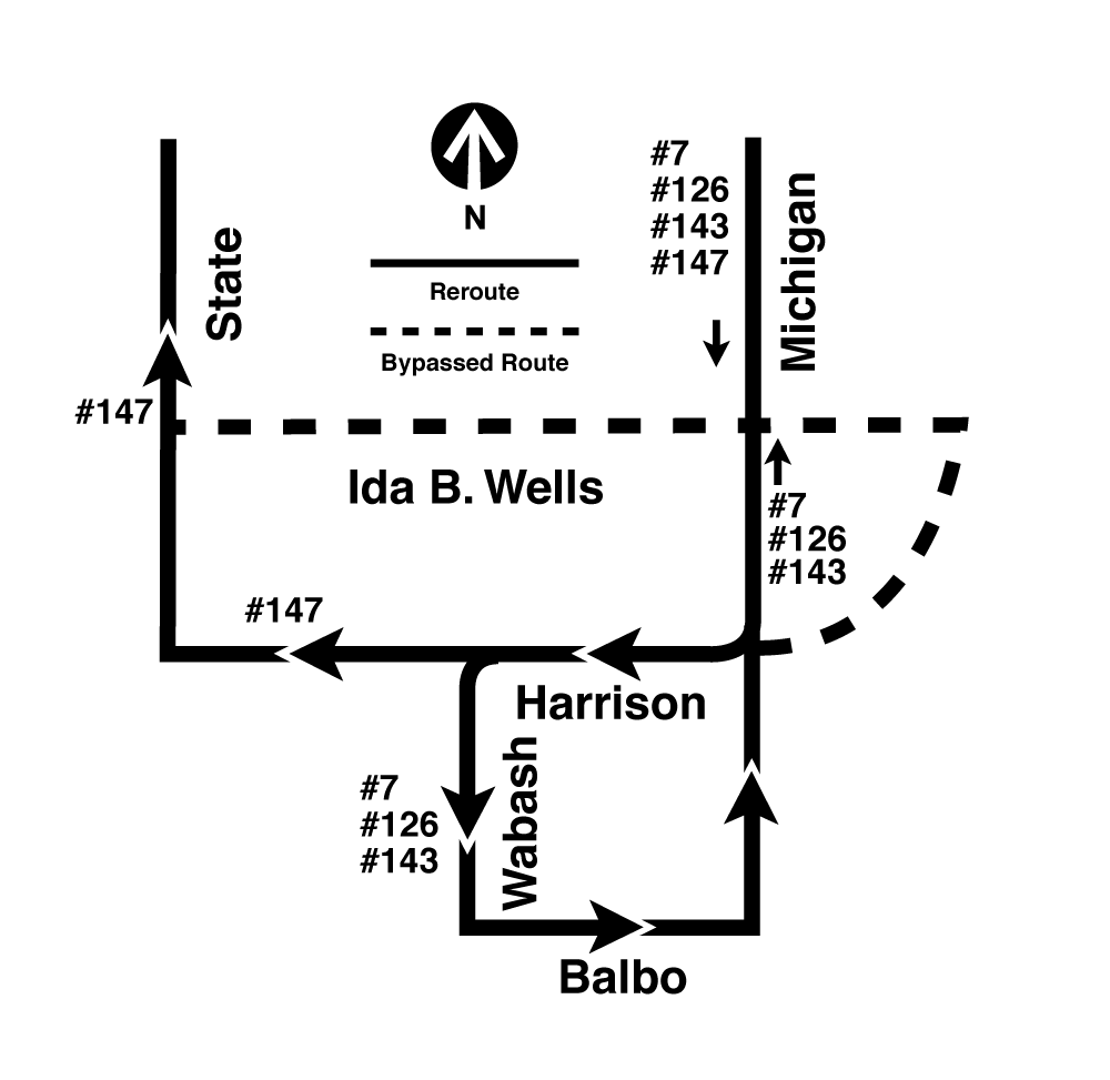 Map shows buses that use Congress Plaza rerouted onto Harrison