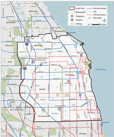 Study area map which includes Wilmette, Skokie, Evanston, Lincolnwood and Rogers Park