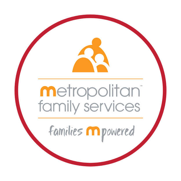 The logo of Metropolitan Family Services - a simple logo topped with a minimalist depiction of three figures, followed by the name, then the statement "families mpowered"