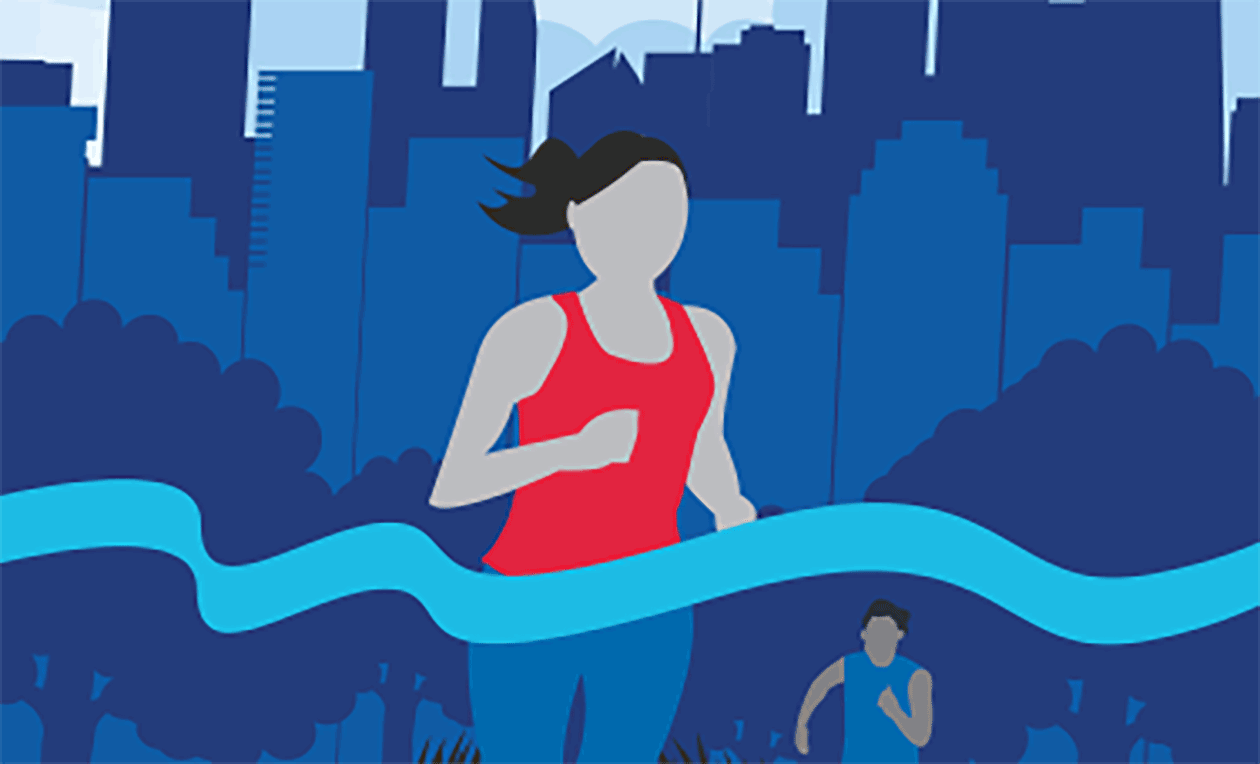 Illustration of a runner against the city skyline.