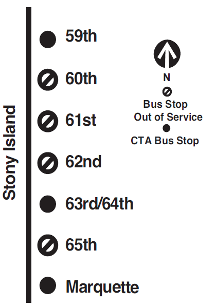 Map shows 6, 15, and 28 buses bypassing northbound stops at 65th, 63rd ...