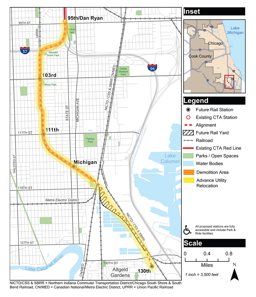 The Red Line Extension alignment map depicting both the demolition area and the advance utility relocation area. The Demolition area stretches from 95th street to slightly East of Kensington Park South of Michigan Ave Station. The Advance Utility Relocation area stretches from 95th Street to 130th.