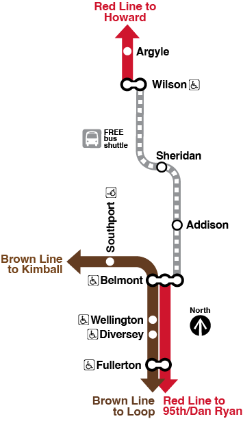 Map shows shuttle buses replacing rail service between the Wilson and Belmont stations. The map also shows Brown Line trains making stops at Belmont and continuing on to the Loop and Kimball..