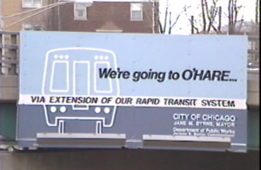 Screenshot from an old video of an ad reading We're going to O'Hare via extension of our rapid transit system.