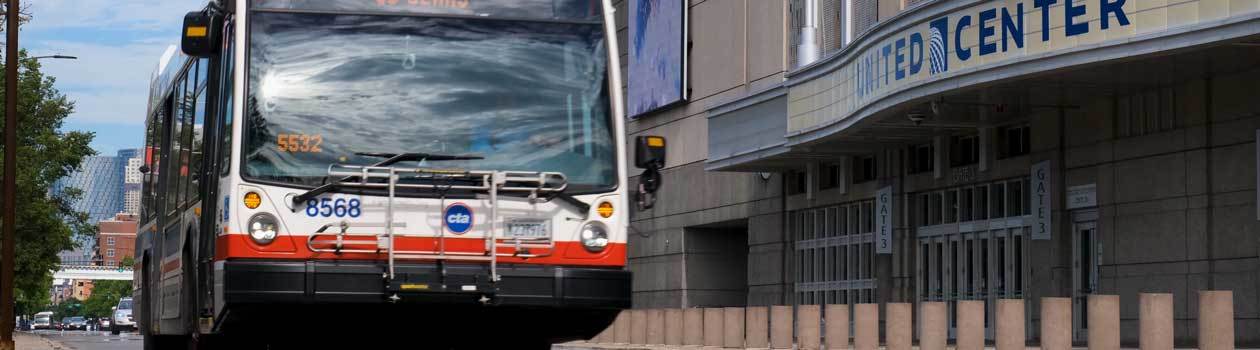 Bus passing in front of the United Center.